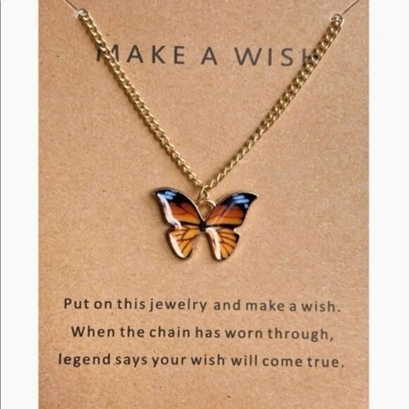 “Make a Wish” Butterfly Inspirational Quote Card Necklace Gold Plated New in box - Picture 4 of 6